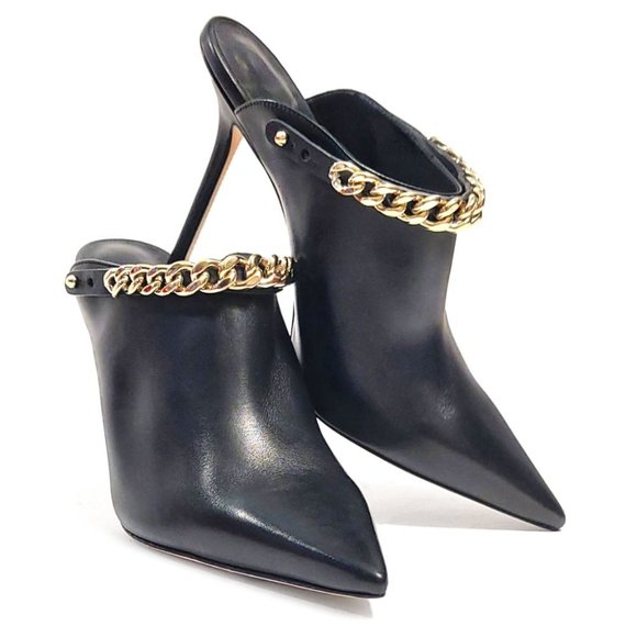 Jimmy Choo Lexx 100 Black Leather Gold Color Chain EU 37 US 7 Mules - Picture 4 of 12